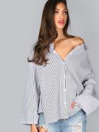 Shein Black And White Striped Off The Shoulder Split Back Blouse
