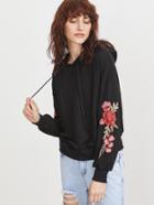 Shein Black Drop Shoulder Embroidered Flower Applique Hoodie