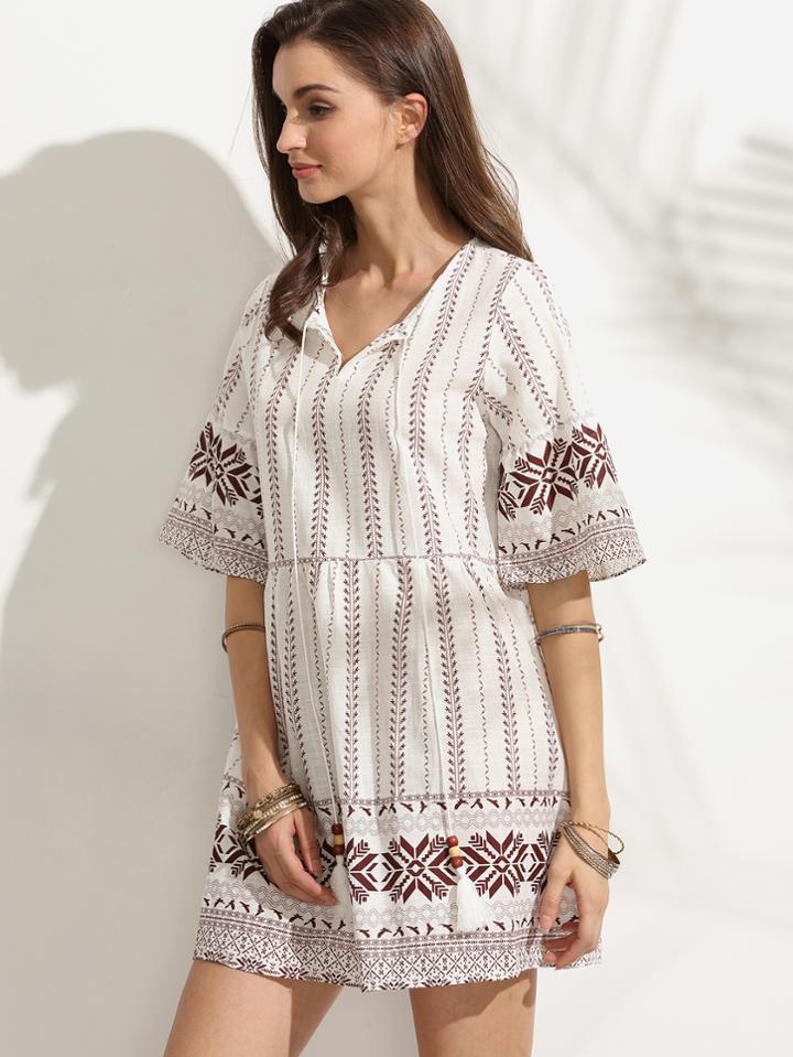 Shein White Tribal Print Tie Neck Fringe A Line Dress