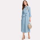 Shein Flower Embroidery Self Belted Shirt Dress