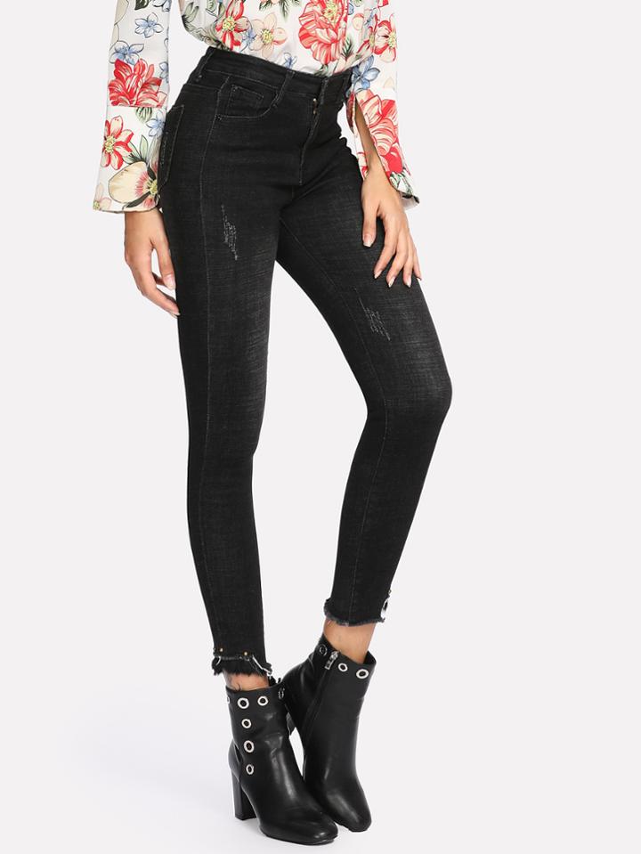 Shein Bleach Wash Frayed Hem Jeans