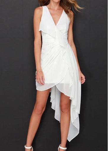 Rosewe White V Neck Asymmetric Hem Dress