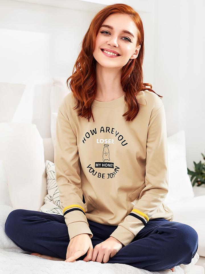 Shein Color Block Cartoon Print Pullover & Pants Pj Set