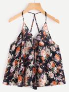Shein Floral Print Tassel Tie Front Cami Top