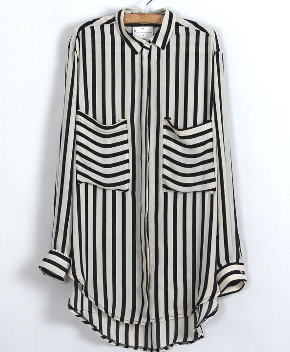 Shein Black Beige Vertical Stripe Pockets Chiffon Blouse