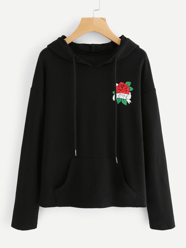 Shein Rose Print Pocket Front Hoodie