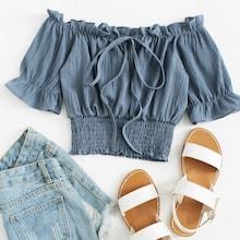 Shein Off Shoulder Ruffle Trim Tie Neck Top