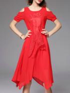 Shein Red Backless Fish Embroidered Applique Asymmetric Dress