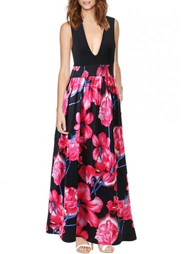 Rosewe Flower Print V Neck Sleeveless Maxi Dress