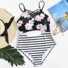 Shein Striped & Flower Harness Swimsuit