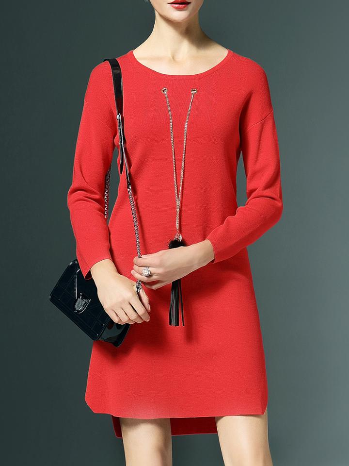 Shein Red Crew Neck High Low Dress