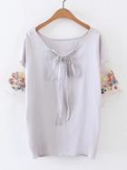 Shein Tie Neck Contrast Embroidered Sleeve Chiffon Top