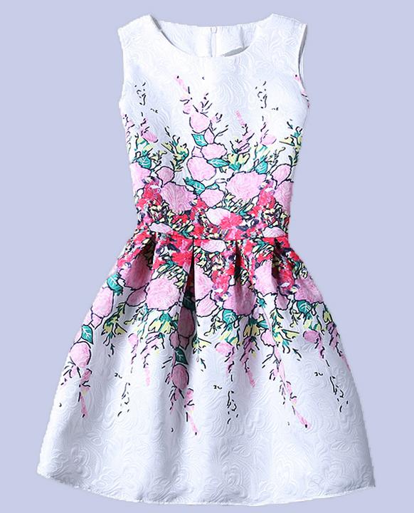 Shein Flower Print Fit & Flare Sleeveless Dress - White