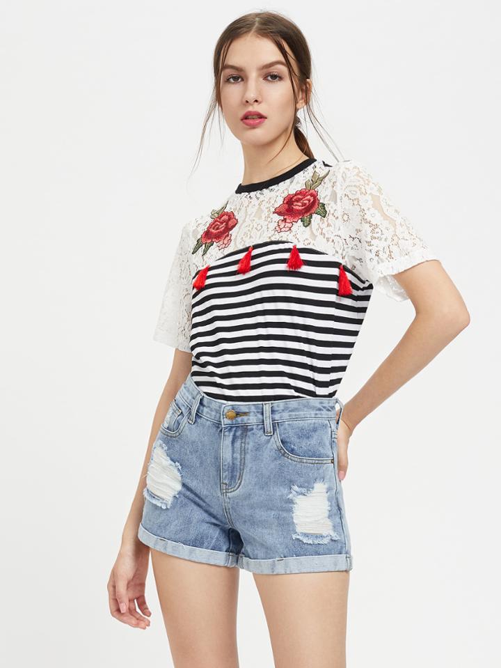 Shein Rose Patch Lace Yoke Striped T-shirt