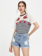 Shein Rose Patch Lace Yoke Striped T-shirt