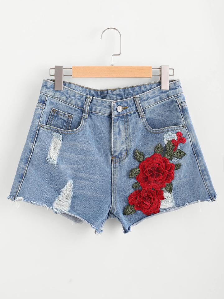 Shein 3d Applique Ripped Frayed Hem Denim Shorts