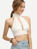 Shein White Slit Front Lace Trim Halter Neck Top