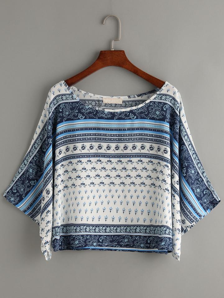 Shein Blue Tribal Print Poncho Blouse