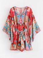 Shein Self Tie Floral Print Kimono Romper