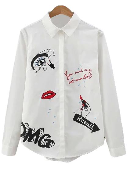 Shein White Letter Lip Embroidery Lapel Blouse