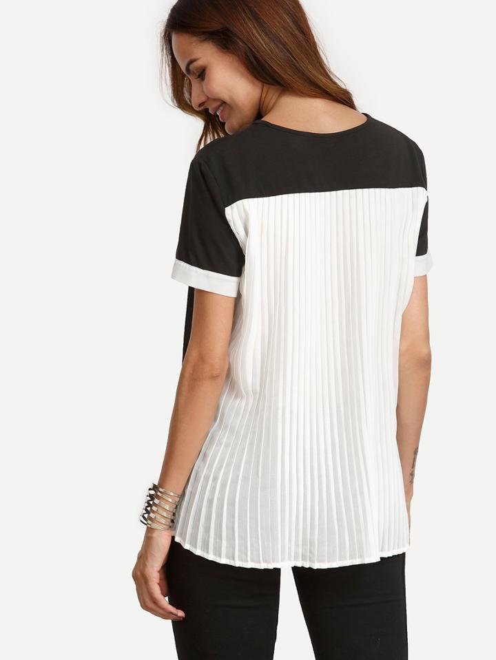 Shein Black And White Short Sleeve High-low Blouse