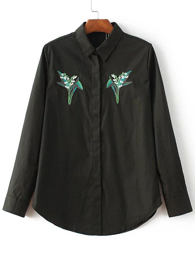Shein Black Flower Embroidery Hidden Button Blouse