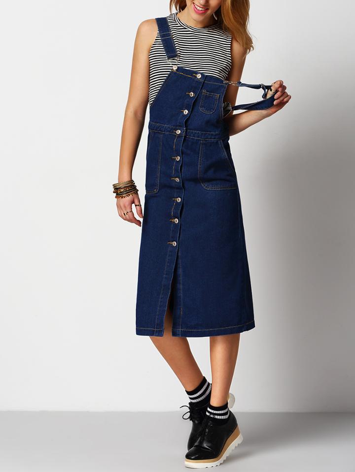 Shein Navy Strap Buttons Denim Pinafore Dress