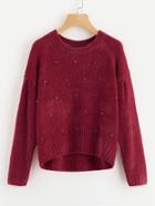 Shein Rhinestone Detail Raglan Sleeve Chenille Sweater