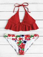 Shein Calico Print Ruffle Hem Mix & Match Bikini Set