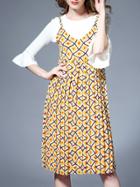 Shein Yellow Bell Sleeve Pleated Print Two-piece Dress