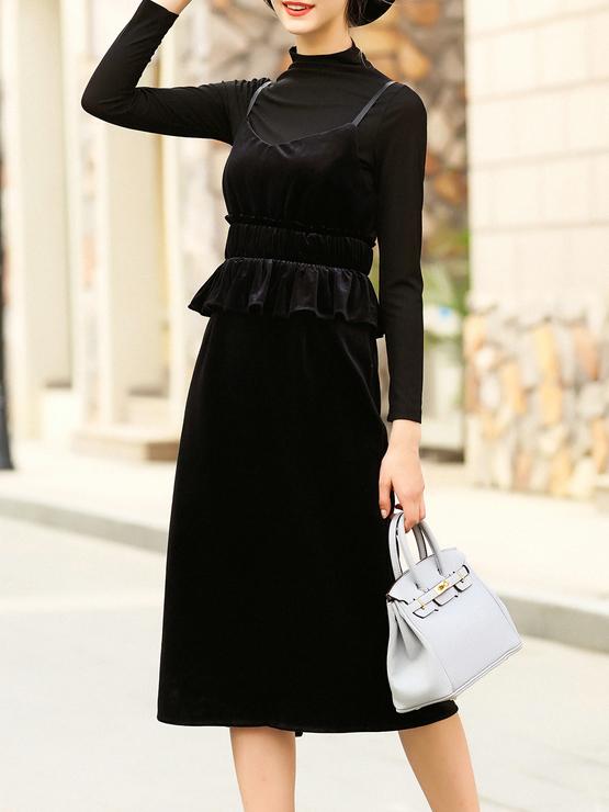 Shein Black Spaghetti Strap Velvet Two-pieces T-shirt Dress