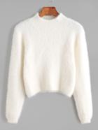 Shein White Crew Neck Crop Fuzzy Sweater