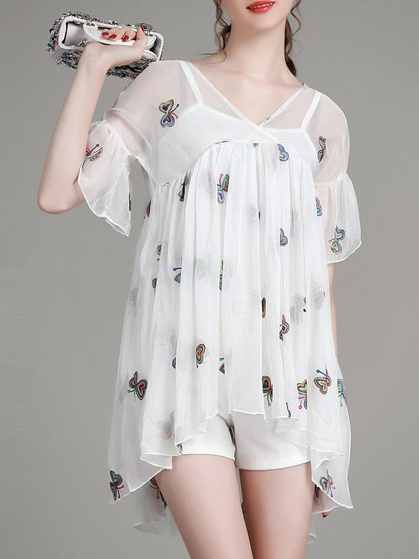 Shein White V Neck High Low Dip Hem Blouse With Cami Top Underwear