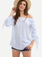 Shein Blue Off The Shoulder Tie Cuff Bottons Blouse