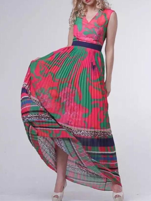 Shein Multicolor V Neck Pleated Tye Dye Maxi Dress