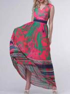 Shein Multicolor V Neck Pleated Tye Dye Maxi Dress