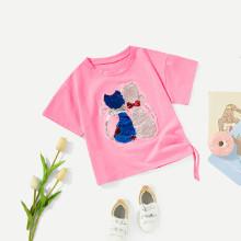 Shein Girls Contrast Sequin Cat Pattern T-shirt