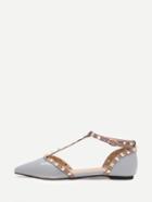 Shein Grey Faux Patent Studded T-strap Flats