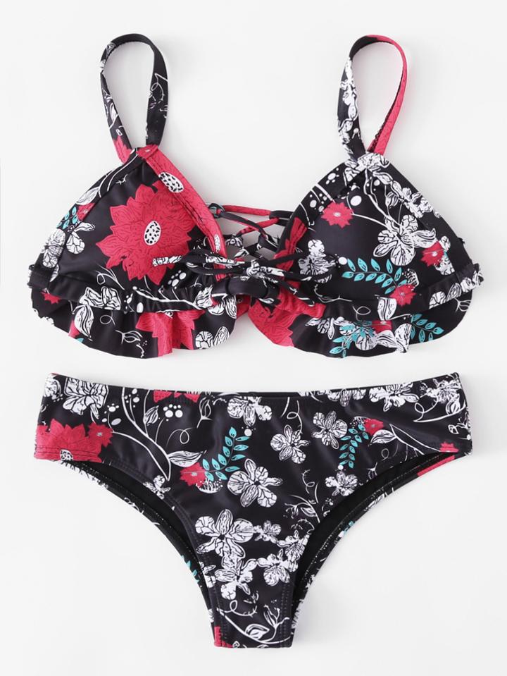 Shein Calico Print Lace Up Bikini Set