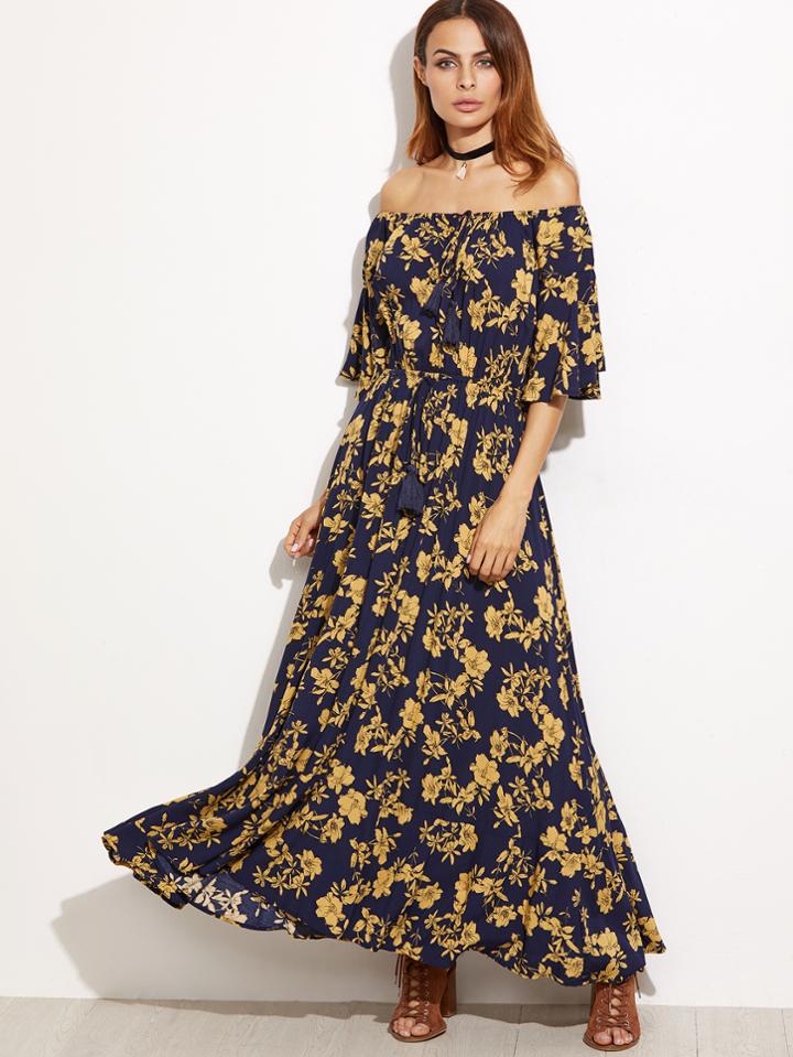 Shein Navy Printed Off The Shoulder Fringe Detail Dress