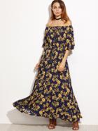 Shein Navy Printed Off The Shoulder Fringe Detail Dress