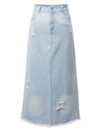 Shein Blue Ripped Hole Fringe Trim Pockets Distressed Denim Long Skirt