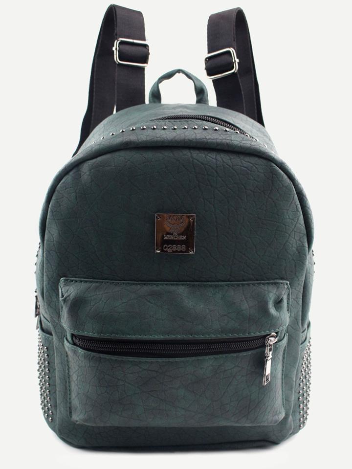 Shein Dark Green Pu Logo Patch Front Pocket Studded Backpack