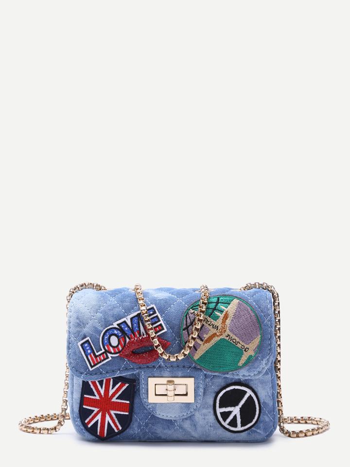 Shein Blue Denim Logo Patch Mini Quilted Chain Bag