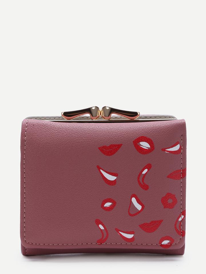 Shein Pink Lip Print Kiss Lock Pu Wallet