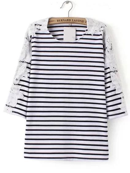 Shein Black And White Striped Contrast Lace T-shirt