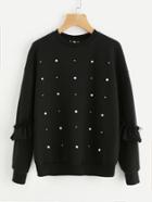 Shein Pearl And Stud Detail Frilled Sleeve Sweatshirt