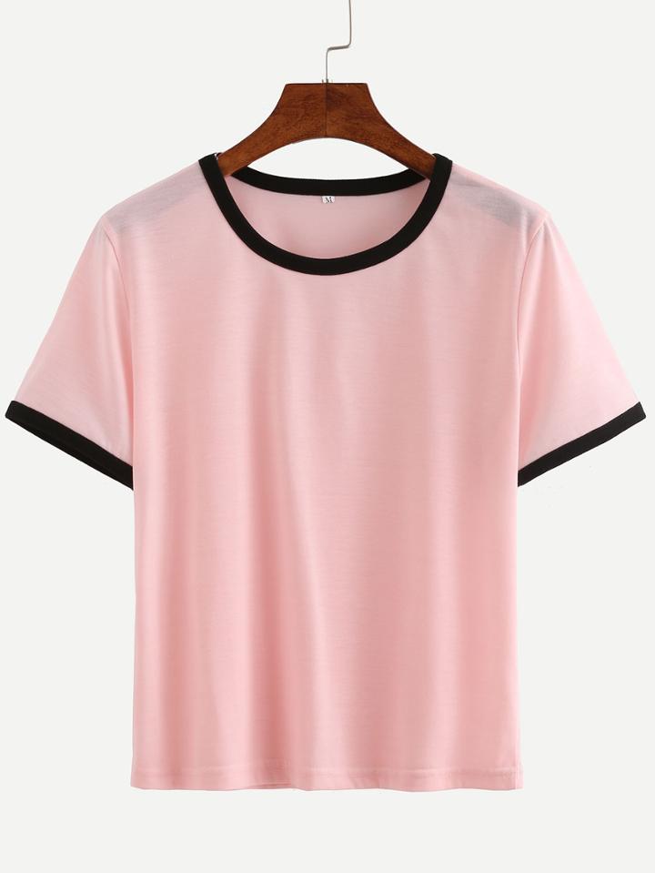 Shein Pink Contrast Round Neck T-shirt
