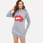 Shein Drawstring Pocket Detail Lip Print Hoodie Dress