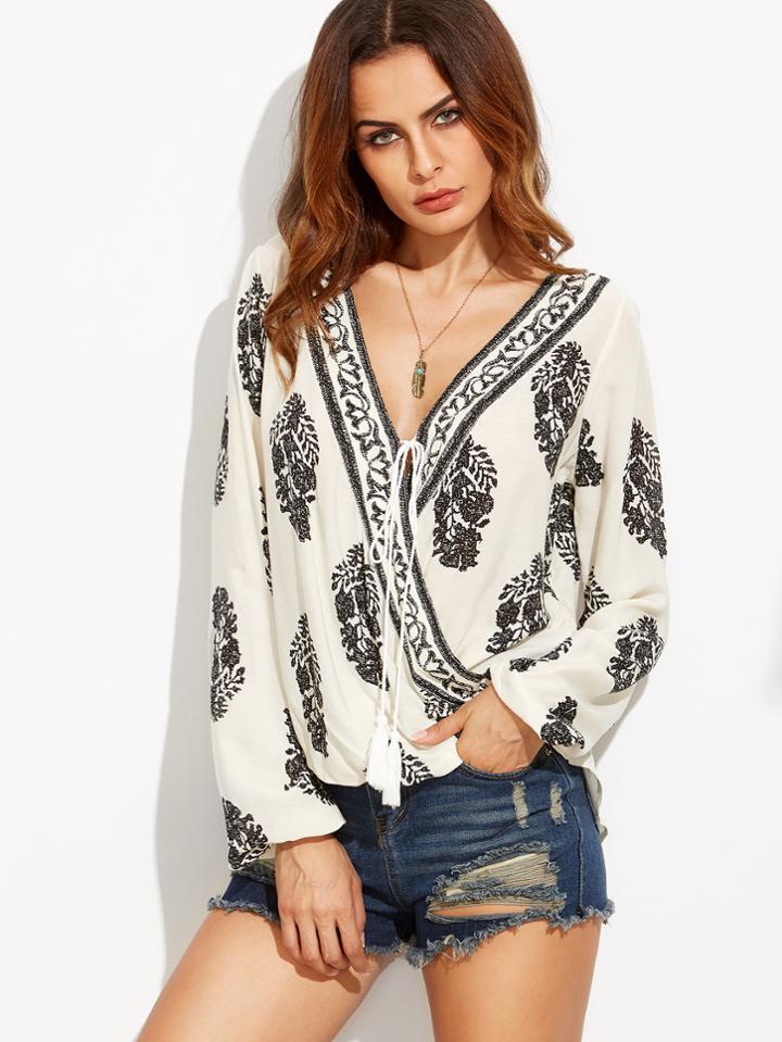 Shein Plunge Botanical Print Draped Blouse